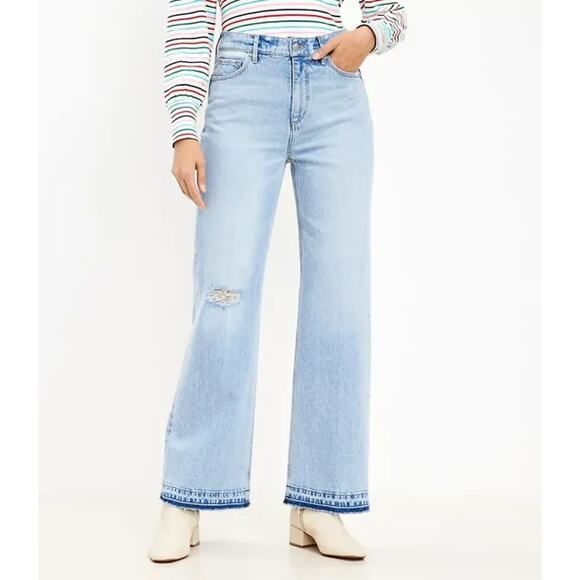 LOFT Unpicked Hem High Rise Wide Leg Jeans Light Indigo Wash 26 - Picture 1 of 11